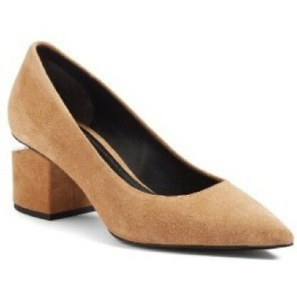ALEXANDER WANG Simona Tan Suede Cutout Block Heel Pointed Toe Pumps Size 39.5